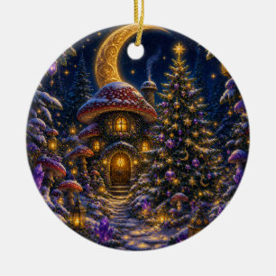Moon Child Enchanted Christmas Mushroom Cottage Ceramic Ornament