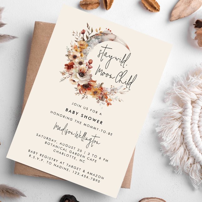 Moon Child Neutral Boho Florals Baby Shower Invitation (Creator Uploaded)