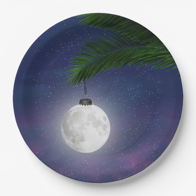 Moon Christmas Ornament On Palm Tree Paper Plates (Front)