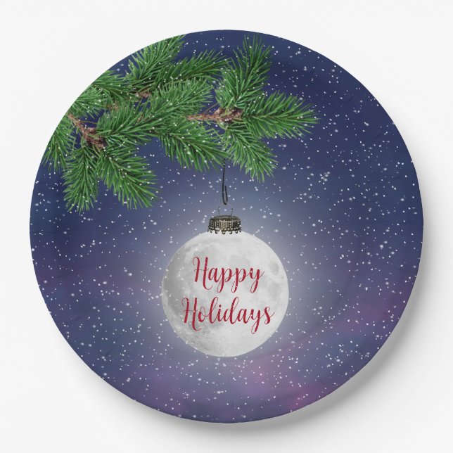 Moon Christmas Ornament On Pine Paper Plates (Front)