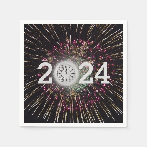 Moon Clock and Fireworks 2024 New Years Eve Napkins