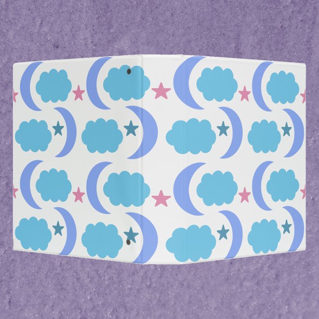 Moon Cloud Star Pattern Blue Purple 3 Ring Binder (A binder with a purple and blue moon, cloud and star pattern)