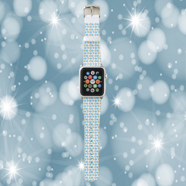 Moon Cloud Stars Faux Gold Glitter Pattern Apple Watch Band (A watch band with a pattern of gold moons, blue clouds and pink stars.)