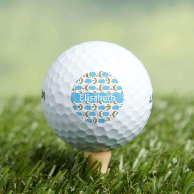 Moon Cloud Stars Faux Gold Glitter Personalize Golf Balls (Insitu Tee)