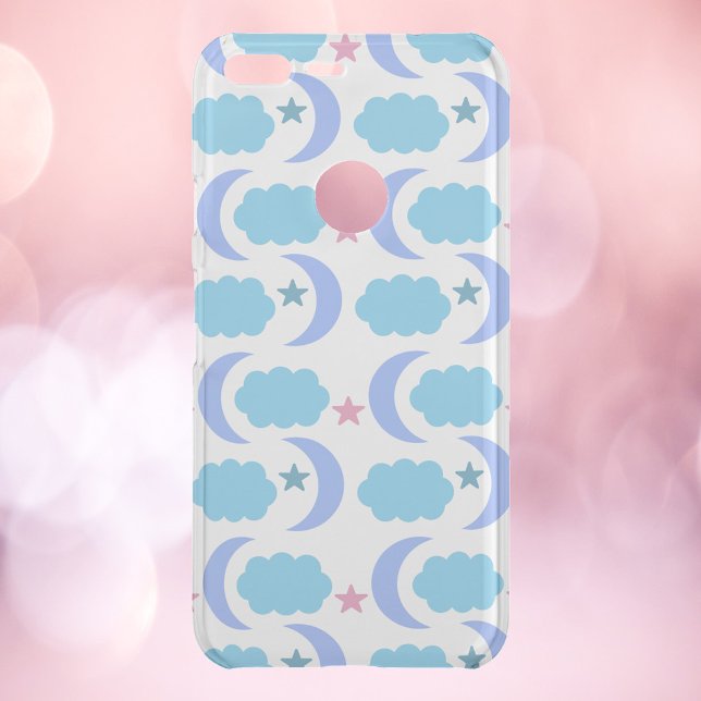 Moon Cloud Stars Pattern Blue Purple Pink Uncommon Google Pixel XL Case (A phone case with clouds, moons and stars in blue, purple and pink.)