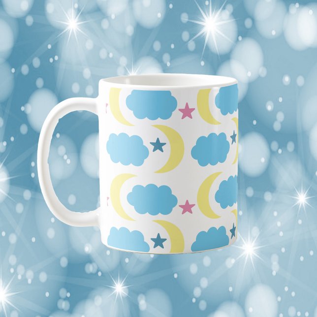 Moon Cloud Stars Pattern Yellow Blue Coffee Mug (A cute mug with a pattern of clouds, stars and moons.)