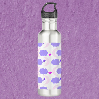 Moon Clouds and Stars Pattern Dark Purple Pink Stainless Steel Water Bottle