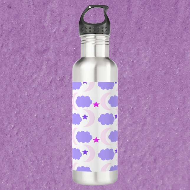 Moon Clouds and Stars Pattern Dark Purple Pink Stainless Steel Water Bottle (A water bottle with a pattern of moons, clouds and stars in pink and purple.)