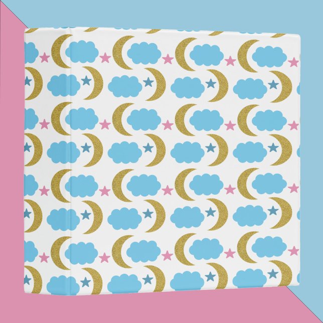 Moon Clouds Sky Faux Gold Glitter Pattern 3 Ring Binder (A binder with a pattern of gold crescent moons, blue clouds and pink stars.)