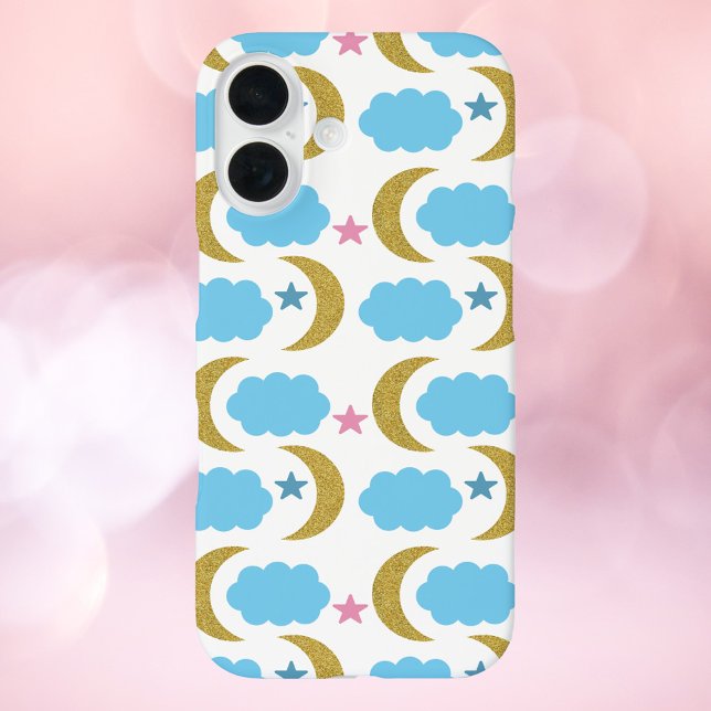 Moon Clouds Stars Faux Gold Glitter Blue Case-Mate iPhone Case (A cute phone case with gold moons, blue clouds and pink stars.)