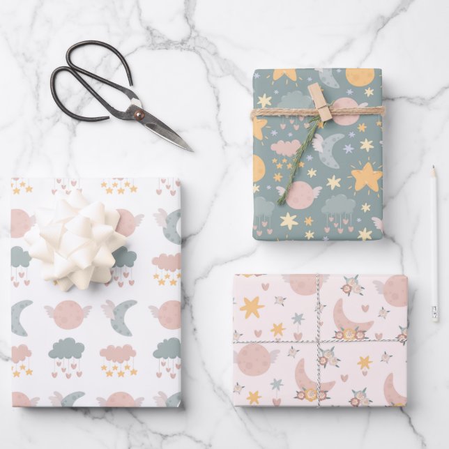 Moon Clouds Stars Wrapping Paper, Celestial Wrap Paper Sheets (Front)