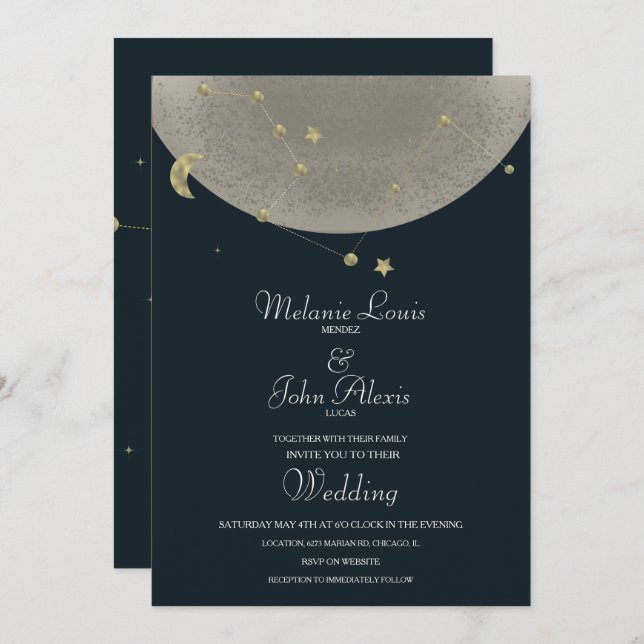 Moon Constellation Gold Celestial Blue Wedding Invitation (Front/Back)