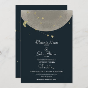 Moon Constellation Gold Celestial Blue Wedding Invitation