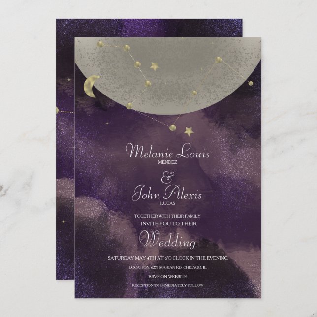 Moon Constellation Gold Purple Celestial Wedding Invitation (Front/Back)
