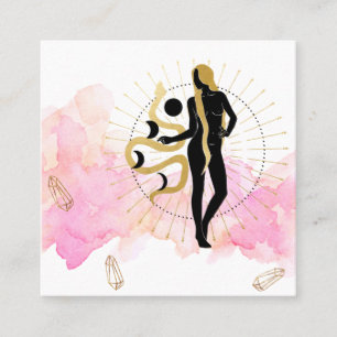 *~* Moon Cosmic Black Goddess Gold Rays Crystals Square Business Card