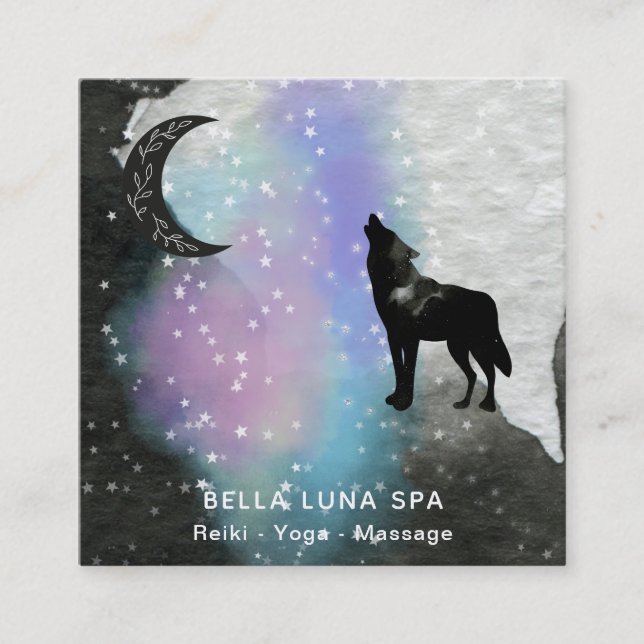 *~* Moon Cosmic .  Howling Wolf Rainbow Shaman  Square Business Card (Front)
