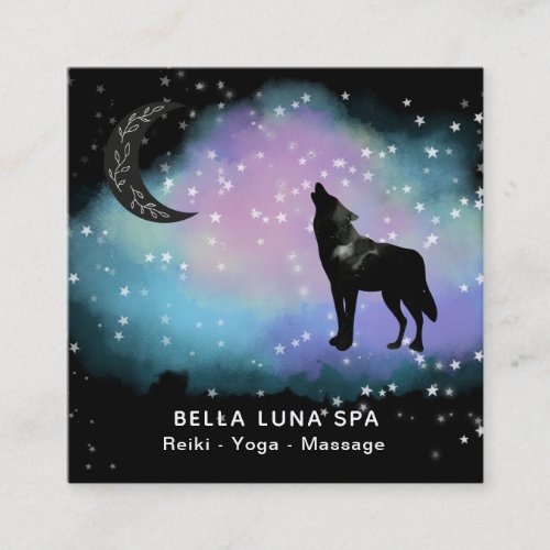  Moon Cosmic  Howling Wolf Rainbow Shaman Square Business Card