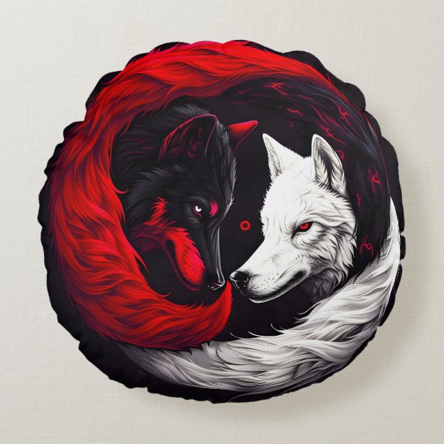 Moon Crimson Red White Wolf Round Pillow (Front)