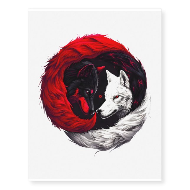 Moon Crimson Red White Wolf Temporary Tattoos (Front)