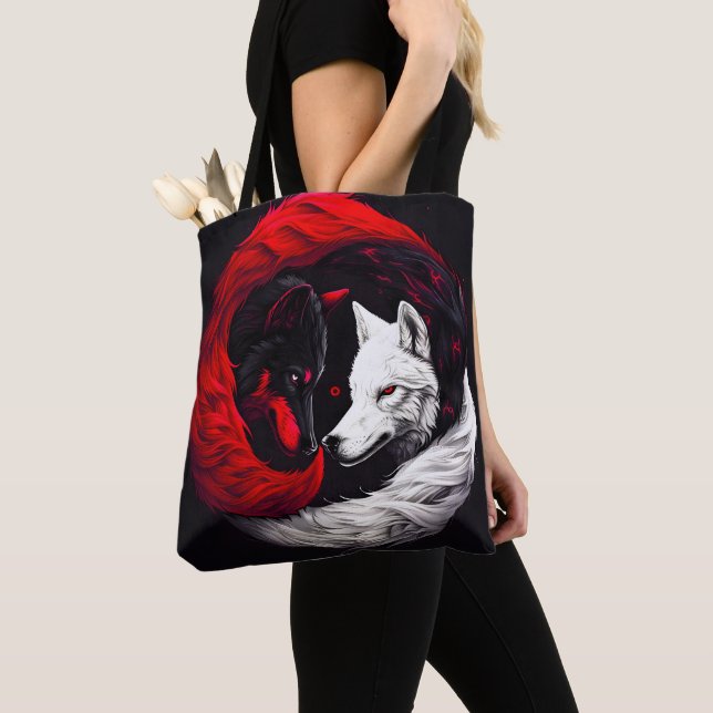Moon Crimson Red White Wolf Tote Bag (Close Up)