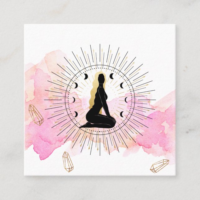 *~* Moon Crystals Cosmic Gold Black Goddess Rays Square Business Card (Front)