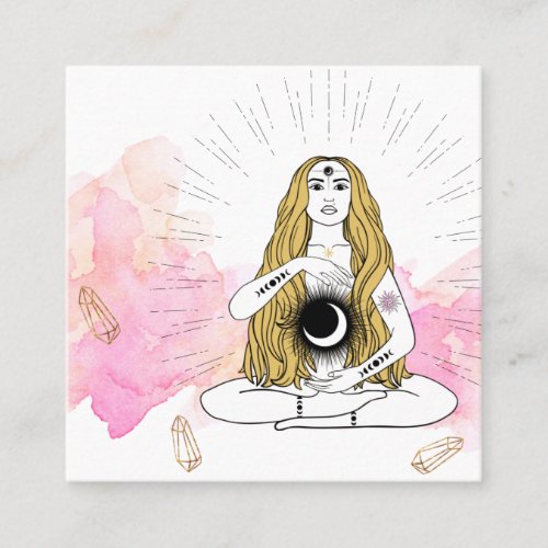  Moon Crystals Cosmic Luna Goddess Gold Rays Square Business Card