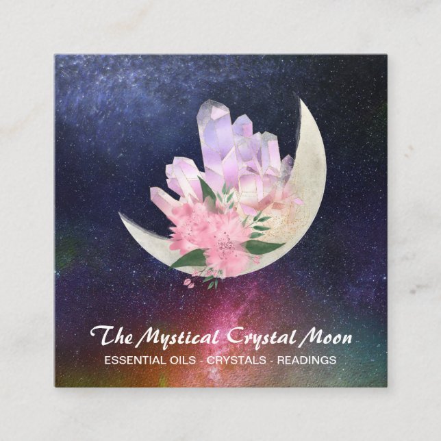  *~* Moon Crystals Floral Cosmic Celestial Nebula Square Business Card (Front)
