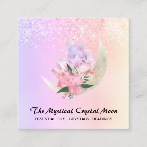  Moon Crystals Floral Ombre Peach Pink Glitter  Square Business Card