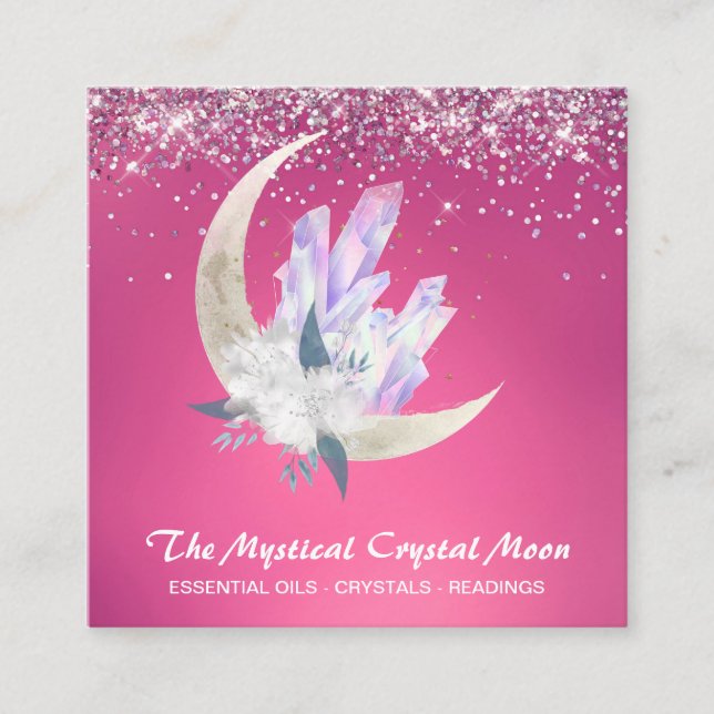 *~* Moon Crystals Floral Pink Glitter Square Business Card (Front)