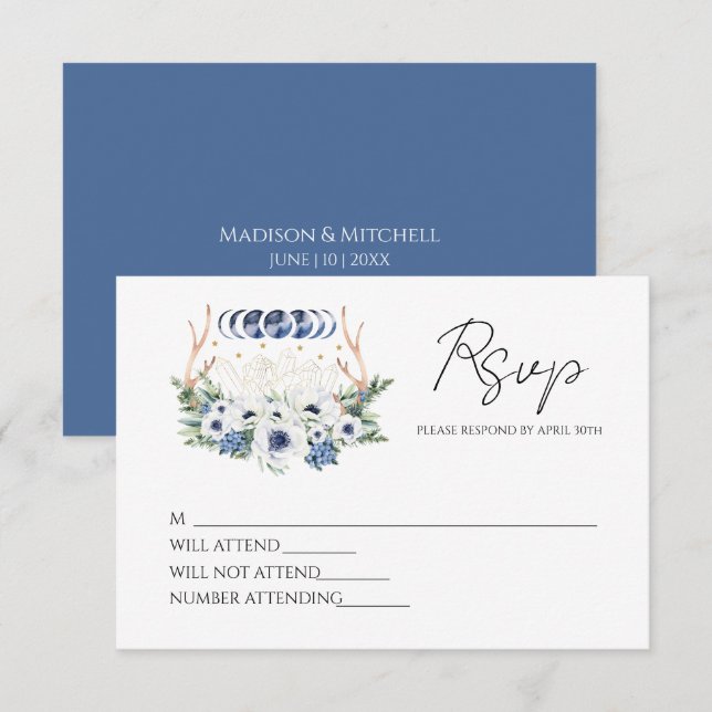 Moon Crystals Flowers Boho Metaphysical Wedding  RSVP Card (Front/Back)