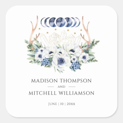Moon Crystals Flowers Boho Metaphysical Wedding  Square Sticker