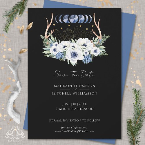 Moon Crystals White Blue Flowers Boho Metaphysical Save The Date