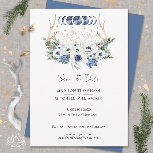 Moon Crystals White Blue Flowers Boho Metaphysical Save The Date