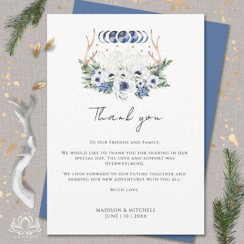 Moon Crystals White Blue Flowers Boho Metaphysical Thank You Card