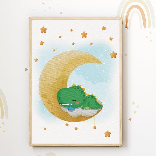 Moon Dinosaur Nursery Print Dino Kids Room Poster