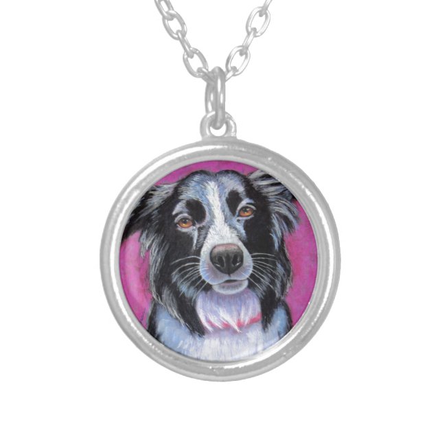 Moon Dog Border Collie Silver Plated Necklace (Front)