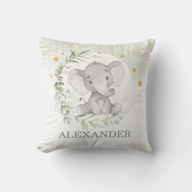 Moon Elephant Greenery Gold Twinkle Little Star Throw Pillow (Front)