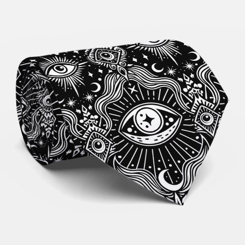 Moon eye and crescent magic pattern neck tie