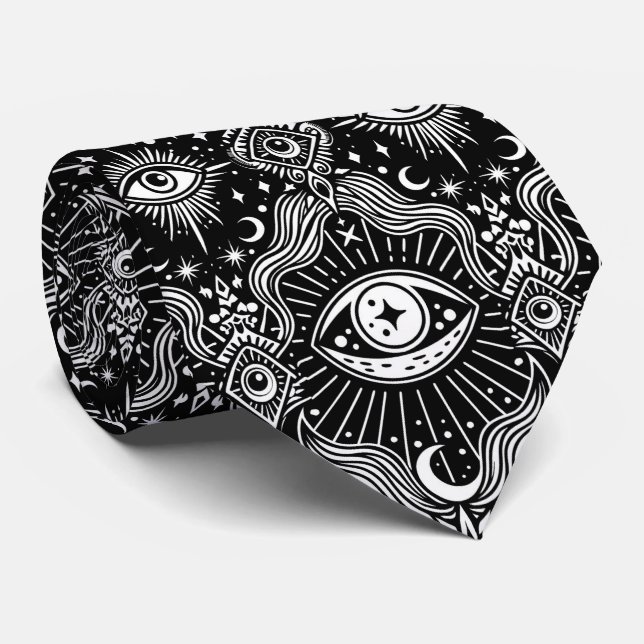 Moon, eye and crescent magic pattern neck tie (Rolled)