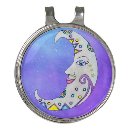 Moon Face Blue Eyes Colorful Shapes in Sky Stars Golf Hat Clip
