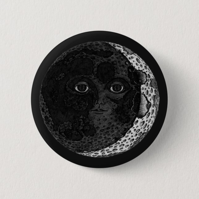 Moon Face Crescent Hand Drawn Ink Illustration Button (Front)