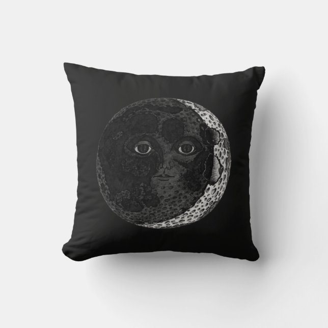 Moon Face Crescent Hand Drawn Ink Illustration Throw Pillow (Front)