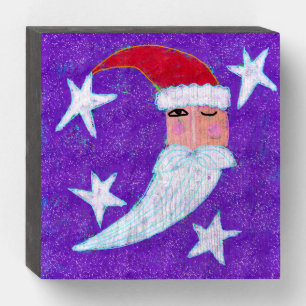 Moon Face Santa Claus Abstract Art Wooden Box Sign
