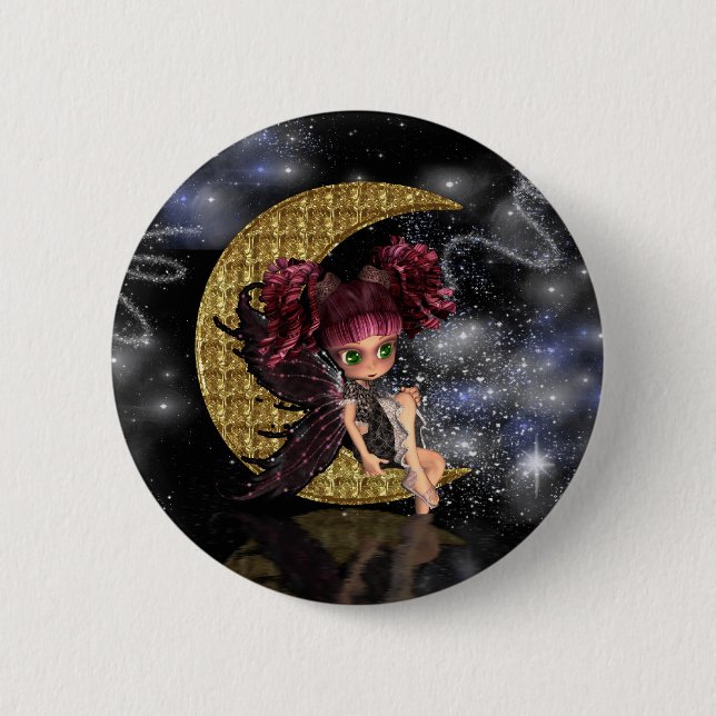 moon fairy badge pin, cute gothic fairy gold moon button (Front)