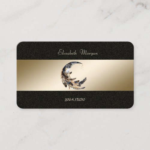 Moon Feather Gold Black Yoga Studio Business Card