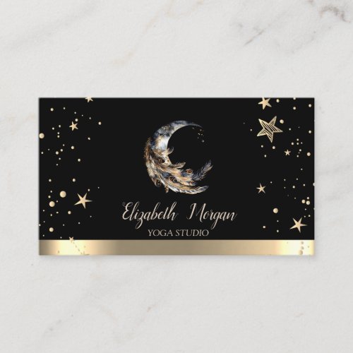 Moon Feather Gold Stars Black Yoga Studio Business Card