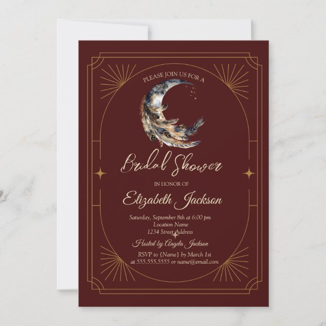  Moon Feather Stars Dark Red Bridal Shower Invitation (Front)