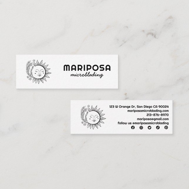 Moon Floral Elegant Esthetician Salon Social Icons Mini Business Card (Front/Back)