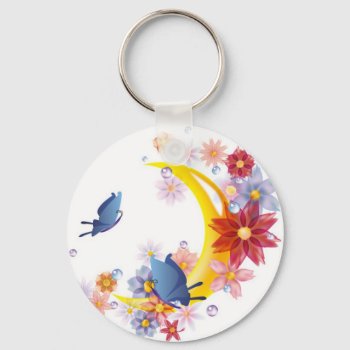 Moon  Flowers And Butterflies Keychain by esoticastore at Zazzle