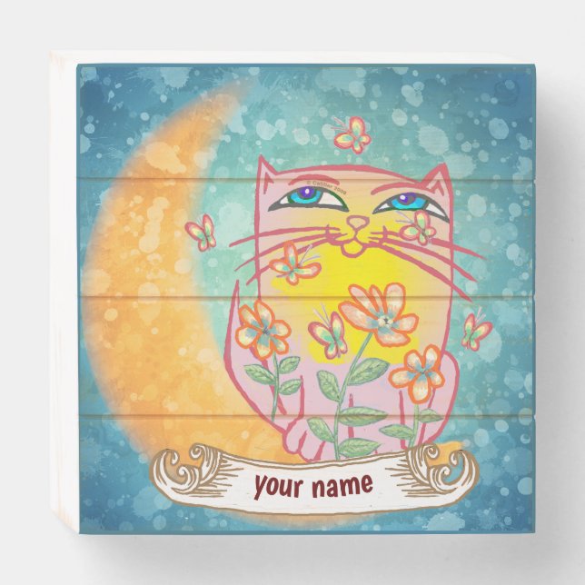 Moon Flowers cat  Wooden Box Sign (Front Horizontal)